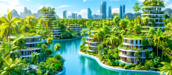 Wall Mural - A city with a river running through it and palm trees on the banks