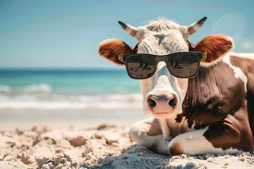 Poster - Cow with sunglasses on the beach. 