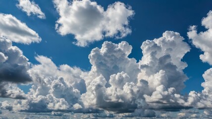 A stunningly realistic depiction of a vast blue sky, adorned with fluffy, cotton candy-like white clouds. The clouds are soft and billowy,forming a variety of shapes and sizes