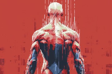 Poster - Digital illustration of a muscular human figure from behind. Red background and abstract glitch effects give it a futuristic appearance.