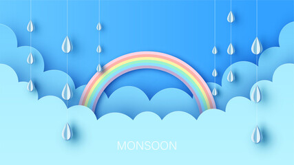 Wall Mural - Beautiful clouds and rainbow in rainy season. Abstract Rainbow in the rainy season. paper cut and craft design. vector, illustration. 