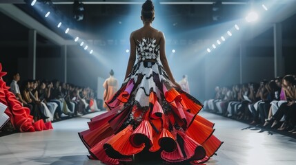 Poster - A fashion runway showcasing avant-garde designs from groundbreaking textiles, pushing creativity's boundaries.