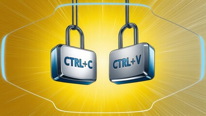 Poster - keyboard keys Ctrl C and Ctrl V, copy and paste the key shortcuts on yellow background