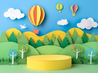 Wall Mural - a vibrant paper cut illustration of a summer season scene featuring a lush green nature landscape wi