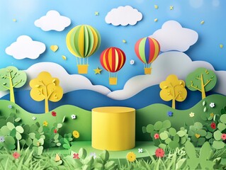 Wall Mural - a vibrant paper cut illustration of a summer season scene featuring a lush green nature landscape wi