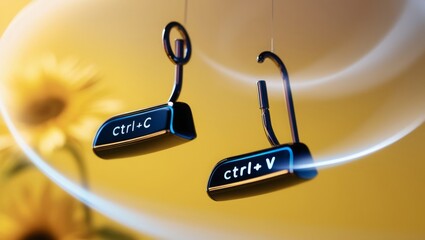 Poster - keyboard keys Ctrl C and Ctrl V, copy and paste the key shortcuts on yellow background