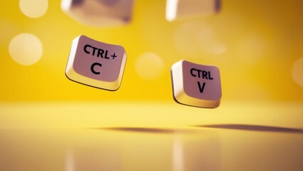 Poster - keyboard keys Ctrl C and Ctrl V, copy and paste the key shortcuts on yellow background