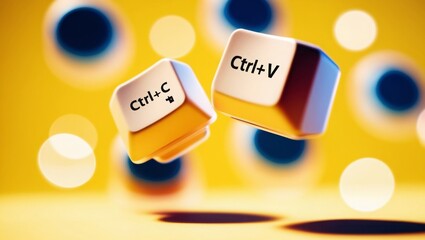 Poster - keyboard keys Ctrl C and Ctrl V, copy and paste the key shortcuts on yellow background