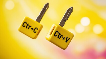 Poster - keyboard keys Ctrl C and Ctrl V, copy and paste the key shortcuts on yellow background