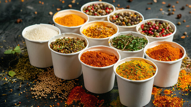 Different seasonings in cups Spice background
