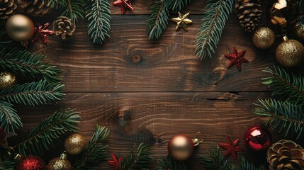 Poster - Christmas decorations top view with space for wishes on wooden table top