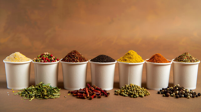 Different seasonings in cups Spice background