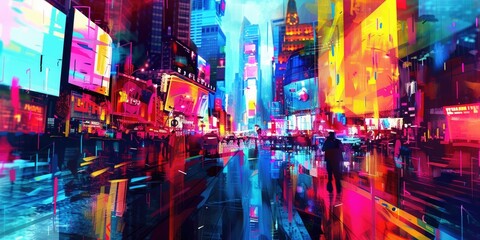 Wall Mural - Cityscape glows with vibrant neon lights, offering futuristic view with burst of colors and innovation AIG62