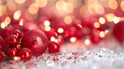 red christmas ornaments with bokeh lights.
