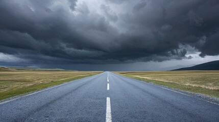 Empty road stretching into distance under dark storm clouds, calm before the storm, concept of journey and solitude.