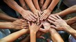 © Anastasia - Diverse group of hands coming together in center, symbolizing unity, teamwork, community. Collaboration, solidarity, support, diversity, cooperation, people, group effort, inclusion. Generative by AI.
