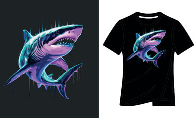 vintage vector t-shirt design a shark, ultraviolet and neon colors, ugly vibrant colors, furious lights, on black background