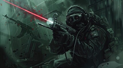 Special forces soldier with laser sight on weapon in action. Tactical gear, helmet, night vision, urban combat, military, firearm, operation, mission, warfare. Generative by AI.