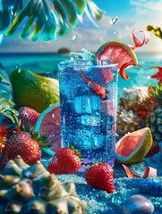 Poster - A blue drink with ice and fruit in a glass on a beach