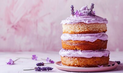 Canvas Print - A three-layer cake with purple frosting and lavender flowers on top