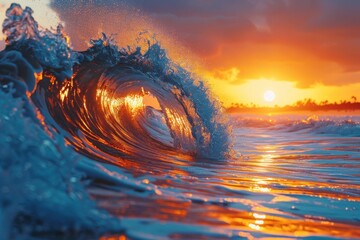 Sunrise Beach. Beautiful dawn light makes a wave glow with gold  background