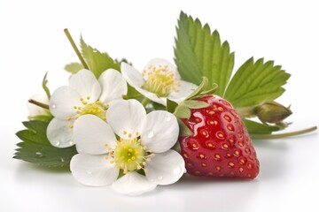 Strawberries with leaves and blossom. isolated on a white