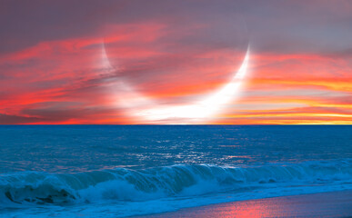 Wall Mural - Abstract background of amazing crescent moon over the sea at sunset