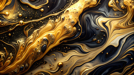 Abstract texture with gold liquid paint on a black background.
