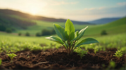 New young green plant sprout from soil in field with hills and sun in background