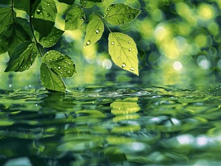 Wall Mural - 2. Detailed view of fresh green leaves glistening with dewdrops, reflected on the calm water surface with subtle ripples, creating a soothing and serene atmosphere