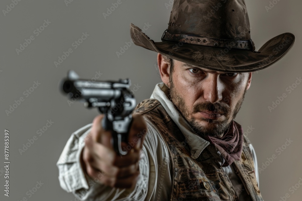 Cowboy in classic Western attire points a gun, capturing the rugged ...