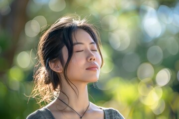 A young Asian woman with her eyes closed, practicing mindfulness in a tranquil outdoor setting. The background is a soft blur of green foliage and sunlight