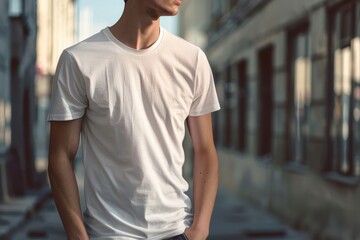 A young man in a plain white t-shirt stands with one hand in his pocket, looking to the side in a minimalist urban setting