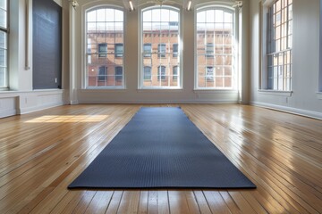Poster - A yoga studio with large windows, hardwood floors, and a black yoga mat placed in the center