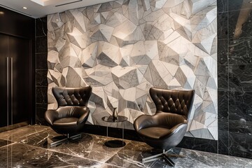 Wall Mural - A black chair is sitting in front of a wall with a white design