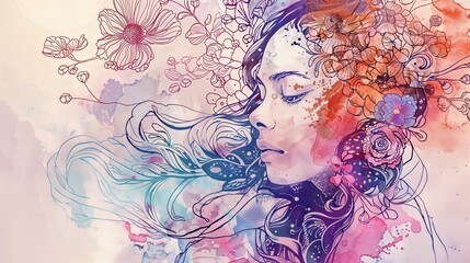 Poster - line art blends skillfully with watercolor, creating a distinctive and captivating artistic design.