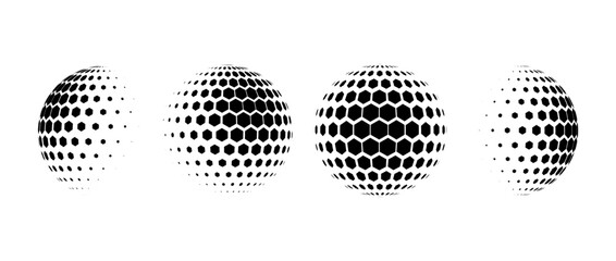 Poster - Black halftone pattern sphere collection. Hexagon wireframe 3d circle set. Grid globe element bundle. Round dotted shape pack for tech poster, banner, cover, emblem, leaflet. Vector illustration