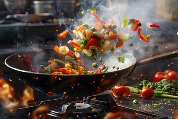 Canvas Print - A chef expertly stir-fries vegetables in a wok over a blazing hot stovetop, creating a dynamic scene with ingredients flying through the air and smoke billowing upwards