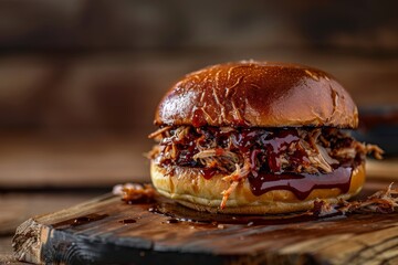 Canvas Print - A mouthwatering pulled pork sandwich sits on a rustic wooden cutting board, drizzled with barbecue sauce