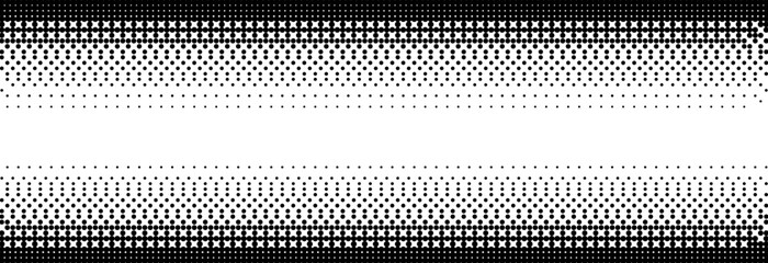 Poster - Pixelated bitmap gradient texture. Black and white dither pattern background. 8 bit video game screen wallpaper. Retro glitchy pixel art illustration. Abstract vector wide dithering horizontal border