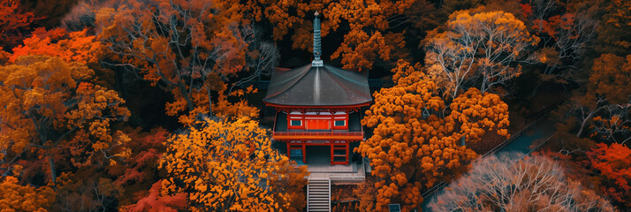 Wall Mural - Scenic Japanese Pagoda in Autumn Foliage, Top View