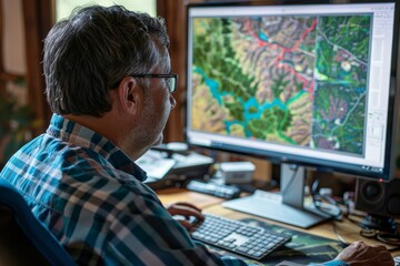 Wall Mural - A man sits at a desk in his home office, focused intently on geographic data displayed on a computer screen