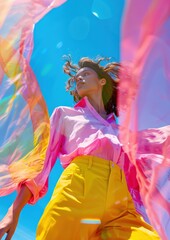 Canvas Print - A woman in a pink and yellow outfit is standing in front of a blue sky