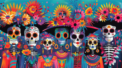 Wall Mural - composition of simplified figures wearing traditional Day of the Dead masks, using vibrant colors to capture the festive spirit