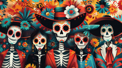 Wall Mural - composition of simplified figures wearing traditional Day of the Dead masks, using vibrant colors to capture the festive spirit