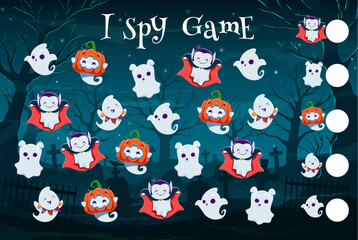 Aufkleber - Halloween i spy game quiz, cute kawaii ghost characters. Kids calculation playing activity, object finding vector game or riddle worksheet with funny ghosts personage on night cemetery background