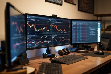 Wall Mural - Three computer monitors display fluctuating Forex market graphs and geopolitical news headlines on a desk. A keyboard and mouse are visible, along with headphones and other office equipment