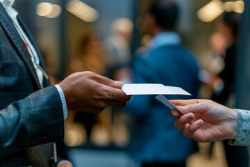 Wall Mural - A close-up shot of two individuals exchanging business cards during a networking event