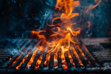 Wall Mural - Close-up shot of a hot charcoal grill with vibrant flames licking up through the grates, ready for cooking