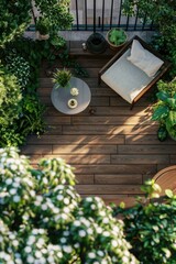 A wooden deck surrounded by lush greenery and a table, perfect for outdoor gatherings or relaxation